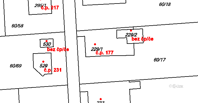 Mošnov 177 na parcele st. 229/1 v KÚ Mošnov, Katastrální mapa