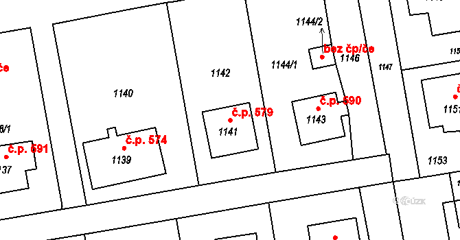 Fulnek 579 na parcele st. 1141 v KÚ Fulnek, Katastrální mapa