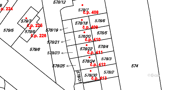 Stehelčeves 411 na parcele st. 578/22 v KÚ Stehelčeves, Katastrální mapa