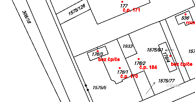 Hrádek 89004311 na parcele st. 176/3 v KÚ Hrádek u Rokycan, Katastrální mapa