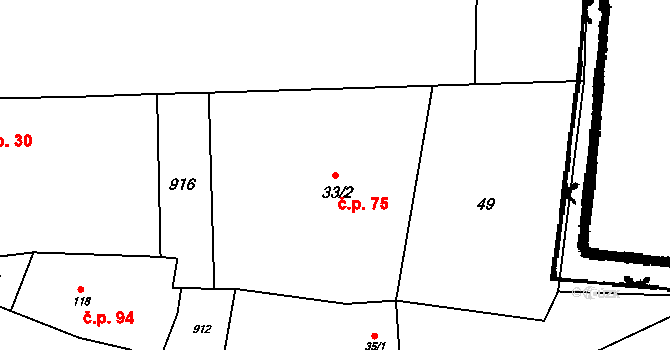Strojetice 75, Kryry na parcele st. 33/2 v KÚ Strojetice u Podbořan, Katastrální mapa