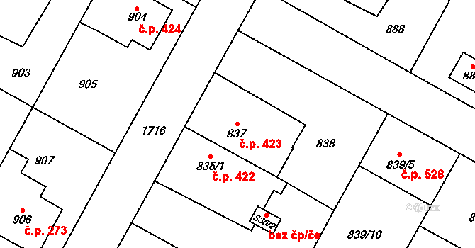 Opočno 423 na parcele st. 837 v KÚ Opočno pod Orlickými horami, Katastrální mapa