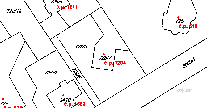 Rychnov nad Kněžnou 1204 na parcele st. 728/7 v KÚ Rychnov nad Kněžnou, Katastrální mapa