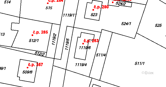Štěnovice 263 na parcele st. 1119/6 v KÚ Štěnovice, Katastrální mapa