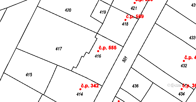 Valtice 555 na parcele st. 416 v KÚ Valtice, Katastrální mapa