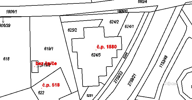 Kylešovice 1580, Opava na parcele st. 624/5 v KÚ Kylešovice, Katastrální mapa