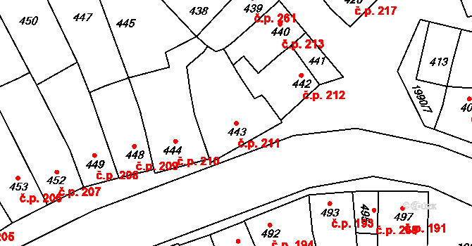 Určice 211 na parcele st. 443 v KÚ Určice, Katastrální mapa
