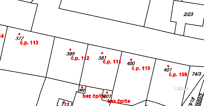 Hrabětice 111 na parcele st. 381 v KÚ Hrabětice, Katastrální mapa