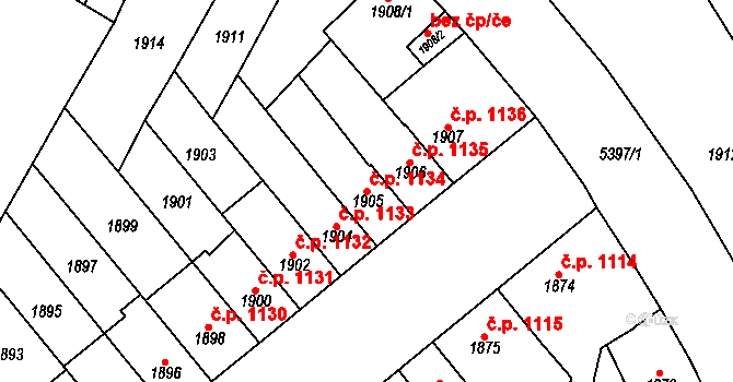 Znojmo 1134 na parcele st. 1905 v KÚ Znojmo-město, Katastrální mapa
