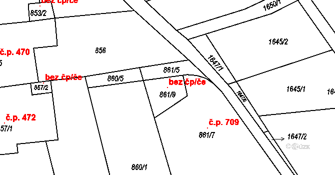 Blučina 121095312 na parcele st. 861/9 v KÚ Blučina, Katastrální mapa