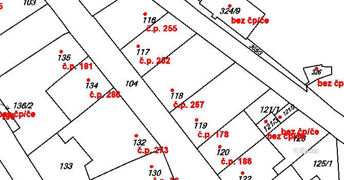 Rousínov 257 na parcele st. 118 v KÚ Rousínov u Vyškova, Katastrální mapa