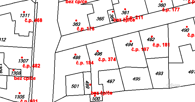 Švermov 374, Kladno na parcele st. 496 v KÚ Motyčín, Katastrální mapa
