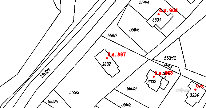Ostravice 867 na parcele st. 3332 v KÚ Staré Hamry 2, Katastrální mapa