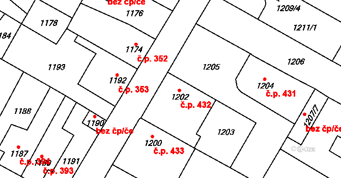 Kosmonosy 432 na parcele st. 1202 v KÚ Kosmonosy, Katastrální mapa