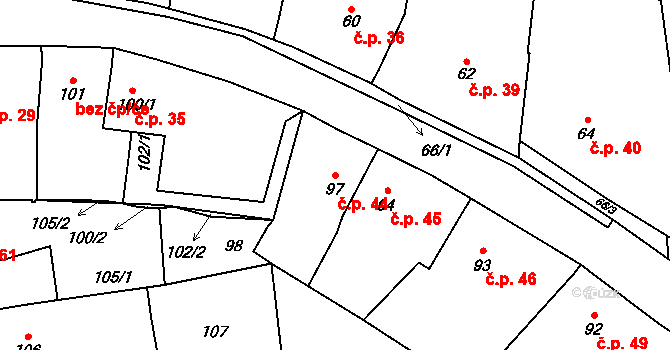 Trubín 44 na parcele st. 97 v KÚ Trubín, Katastrální mapa