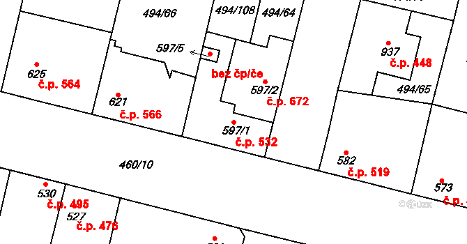 Libochovice 532 na parcele st. 597/1 v KÚ Libochovice, Katastrální mapa