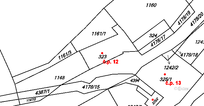 Hamry 12, Bystré na parcele st. 323 v KÚ Hamry nad Křetínkou, Katastrální mapa