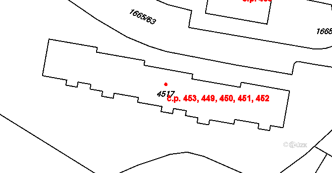 Nové Dvory 449,450,451,452,453, Třebíč na parcele st. 4517 v KÚ Třebíč, Katastrální mapa