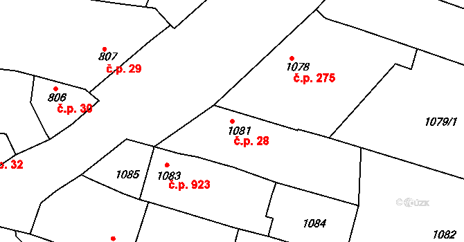 Žebětín 28, Brno na parcele st. 1081 v KÚ Žebětín, Katastrální mapa