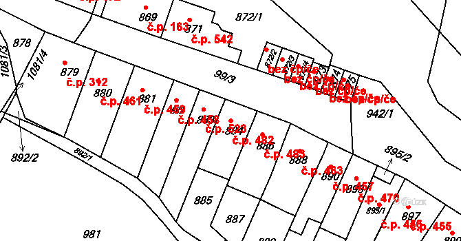 Bystrc 482, Brno na parcele st. 884 v KÚ Bystrc, Katastrální mapa