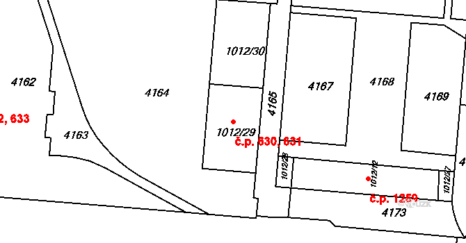 Komín 630,631, Brno na parcele st. 1012/29 v KÚ Komín, Katastrální mapa