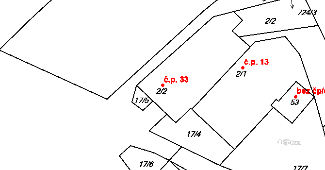 Samšín 33 na parcele st. 2/2 v KÚ Samšín, Katastrální mapa