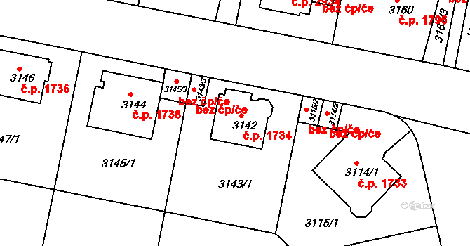Teplice 1734 na parcele st. 3142 v KÚ Teplice, Katastrální mapa