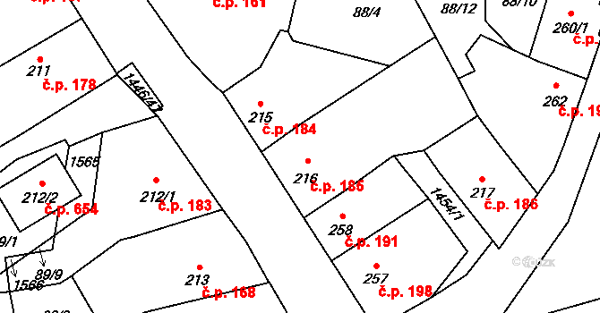 Blovice 185 na parcele st. 216 v KÚ Blovice, Katastrální mapa