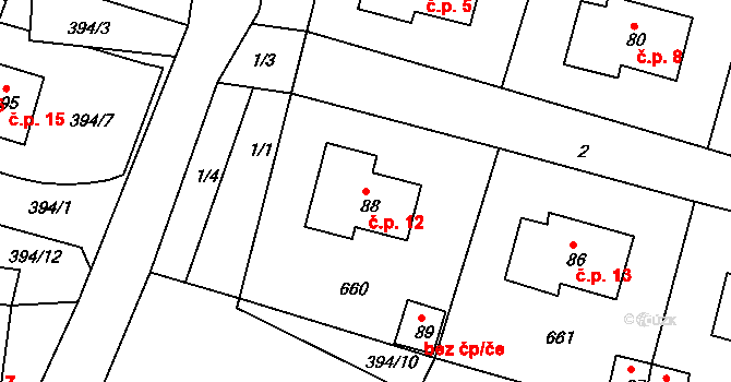 Tuřany 12 na parcele st. 88 v KÚ Tuřany u Kynšperku nad Ohří, Katastrální mapa