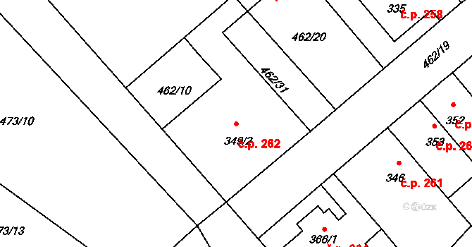 Borohrádek 262 na parcele st. 349/2 v KÚ Borohrádek, Katastrální mapa