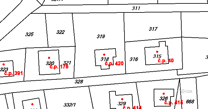 Jablůnka 420 na parcele st. 318 v KÚ Jablůnka, Katastrální mapa