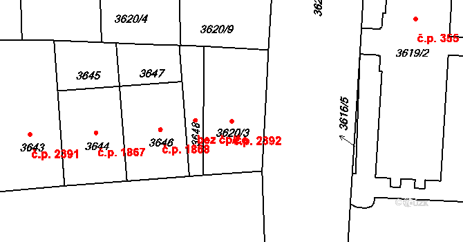 Žižkov 2392, Praha na parcele st. 3620/3 v KÚ Žižkov, Katastrální mapa