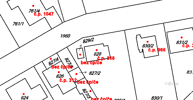 Lhotka 316, Praha na parcele st. 828 v KÚ Lhotka, Katastrální mapa