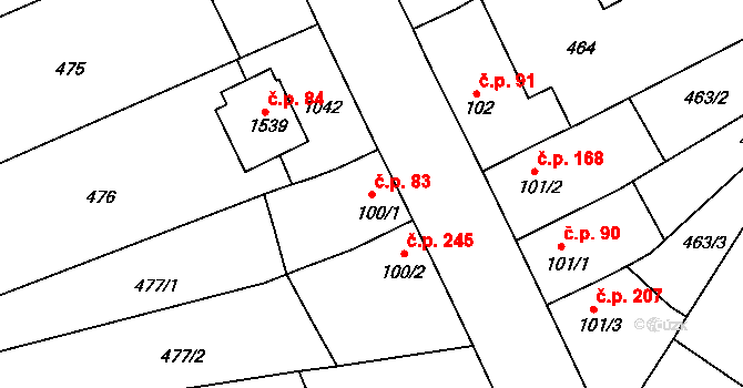 Sezimovo Ústí 83 na parcele st. 100/1 v KÚ Sezimovo Ústí, Katastrální mapa