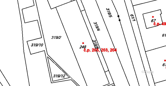 Dolní Chrastava 203,204,205, Chrastava na parcele st. 248 v KÚ Dolní Chrastava, Katastrální mapa