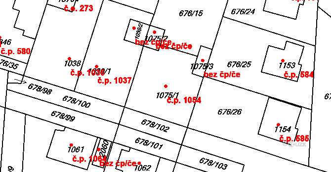 Rosice 1054 na parcele st. 1075/1 v KÚ Rosice u Brna, Katastrální mapa