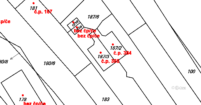 Fryšták 385 na parcele st. 187/3 v KÚ Fryšták, Katastrální mapa