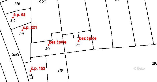 Hrušky 45876312 na parcele st. 310 v KÚ Hrušky u Brna, Katastrální mapa
