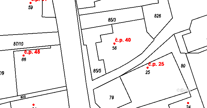 Kovářov 40, Bojanov na parcele st. 58 v KÚ Kovářov u Seče, Katastrální mapa