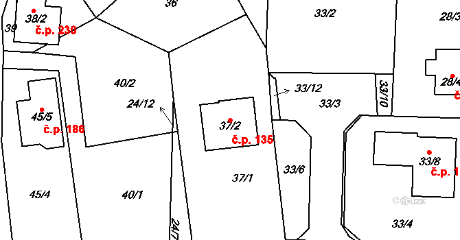 Malesice 135, Plzeň na parcele st. 37/2 v KÚ Malesice, Katastrální mapa