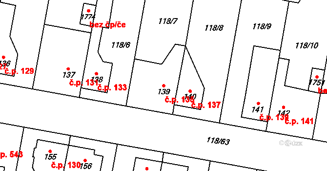 Pardubičky 135, Pardubice na parcele st. 139 v KÚ Pardubičky, Katastrální mapa