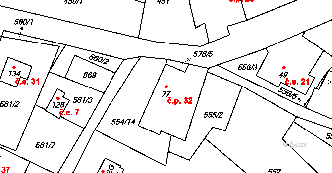 Skelná Huť 32, Krsy na parcele st. 77 v KÚ Trhomné, Katastrální mapa