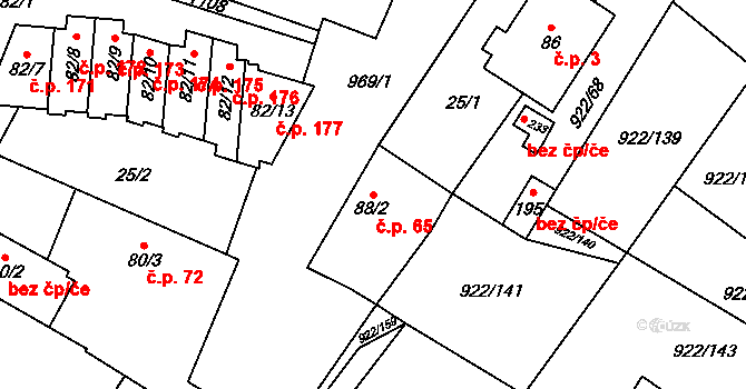 Libčeves 65 na parcele st. 88/2 v KÚ Libčeves, Katastrální mapa
