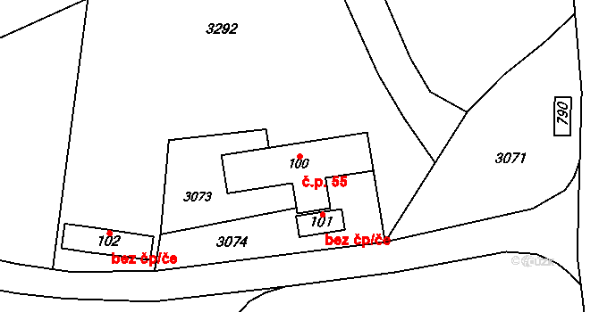 Roveň 55, Rychnov nad Kněžnou na parcele st. 100 v KÚ Roveň u Rychnova nad Kněžnou, Katastrální mapa