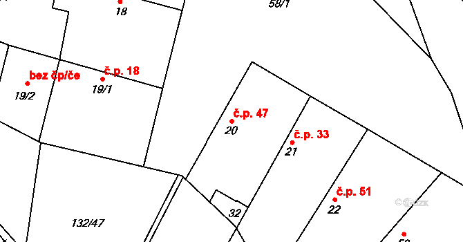 Velké Výkleky 47, Běrunice na parcele st. 20 v KÚ Velké Výkleky, Katastrální mapa