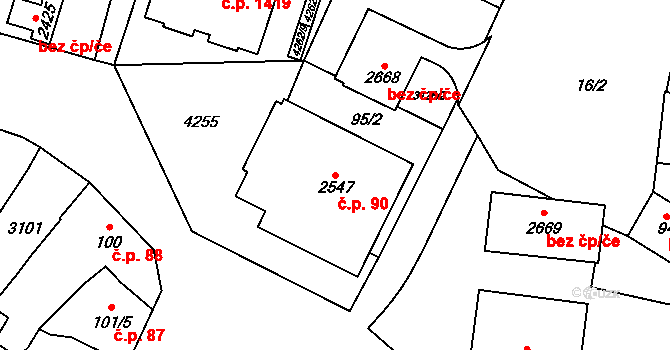 Kyjov 90 na parcele st. 2547 v KÚ Kyjov, Katastrální mapa