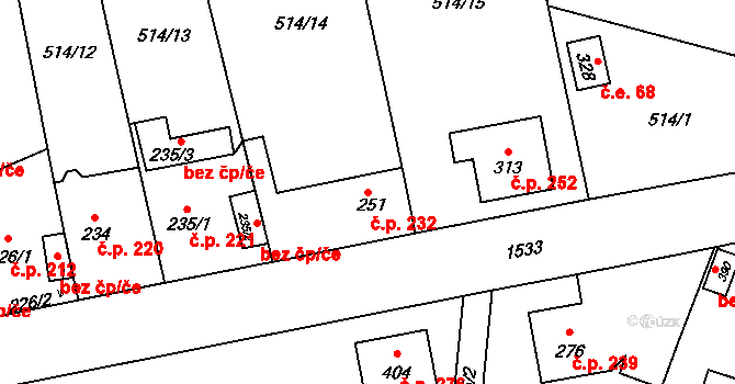 Tetín 232 na parcele st. 251 v KÚ Tetín u Berouna, Katastrální mapa