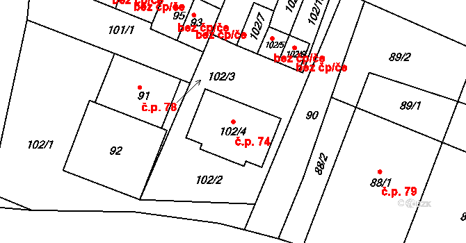 Horní Břečkov 74 na parcele st. 102/4 v KÚ Horní Břečkov, Katastrální mapa