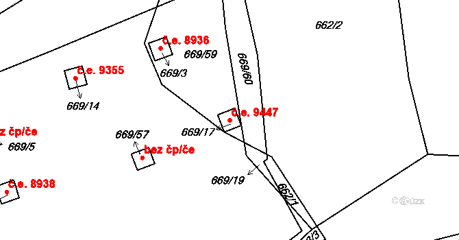 Mojžíř 9447, Ústí nad Labem na parcele st. 669/17 v KÚ Mojžíř, Katastrální mapa