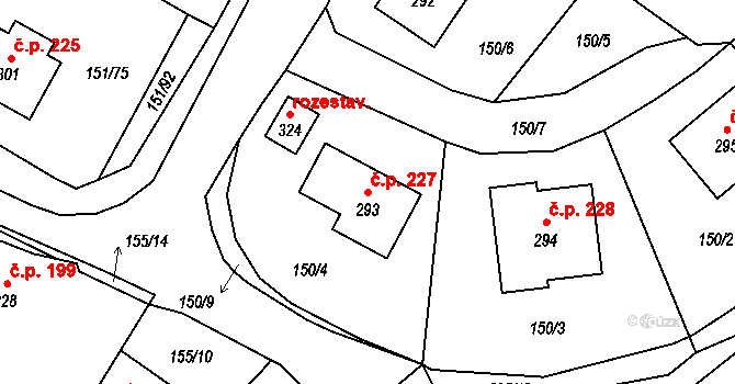 Hořepník 227 na parcele st. 293 v KÚ Hořepník, Katastrální mapa